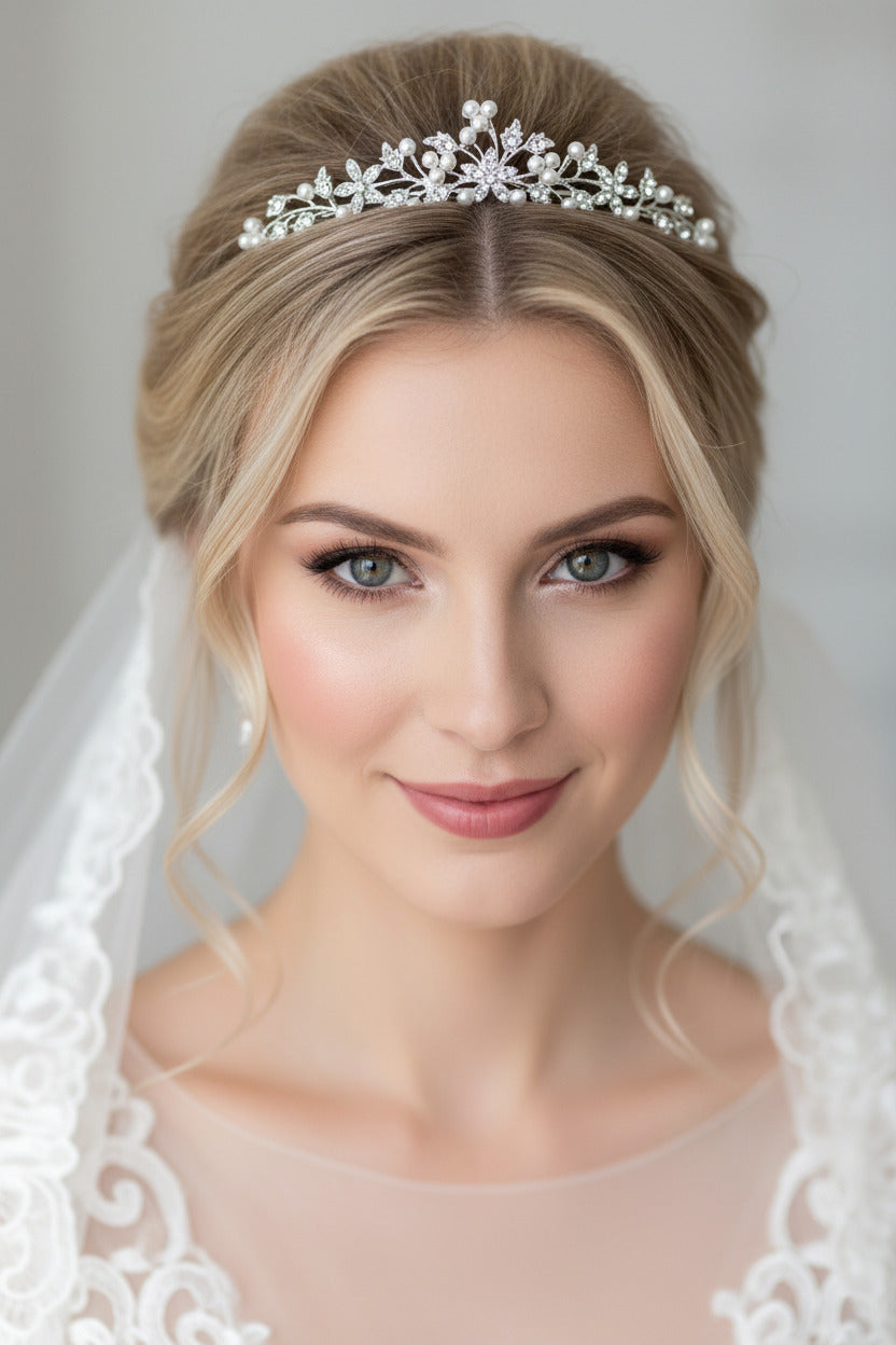 Perlen Strass Diadem Silber – eleganter Haarschmuck mit Ösen für Hochzeit & Braut | ONDEGO®