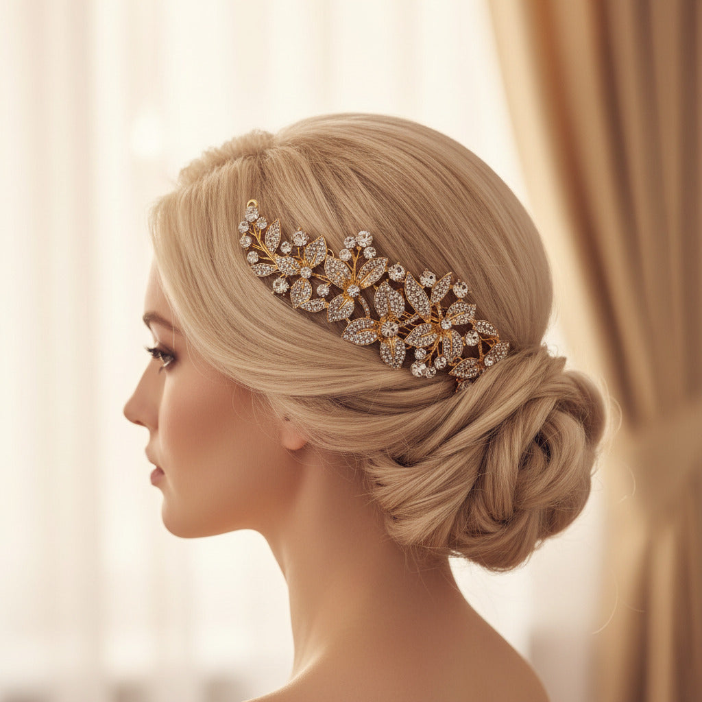 braut-haarkamm-gold-strass-blumen-blattschmuck-hochzeit