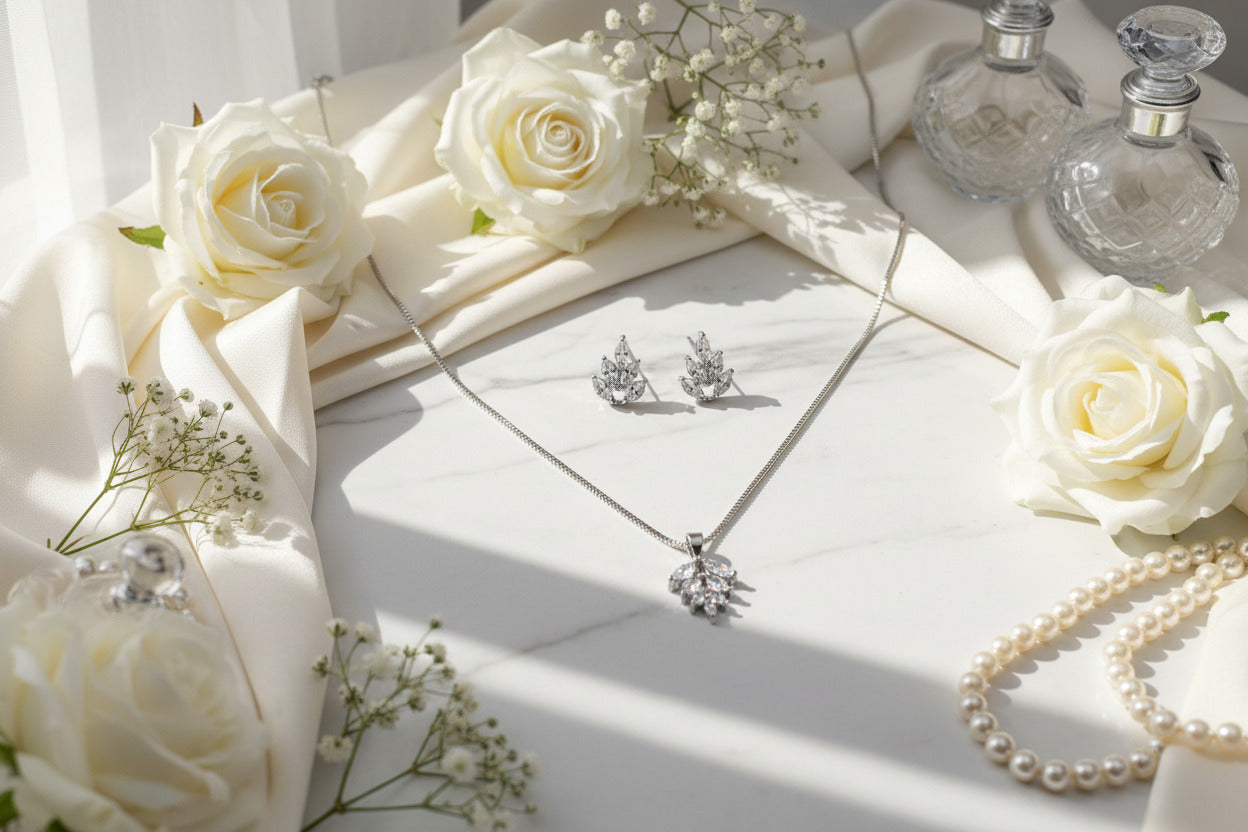 braut-look-hochzeit-ohrringe-kette-silber-edel