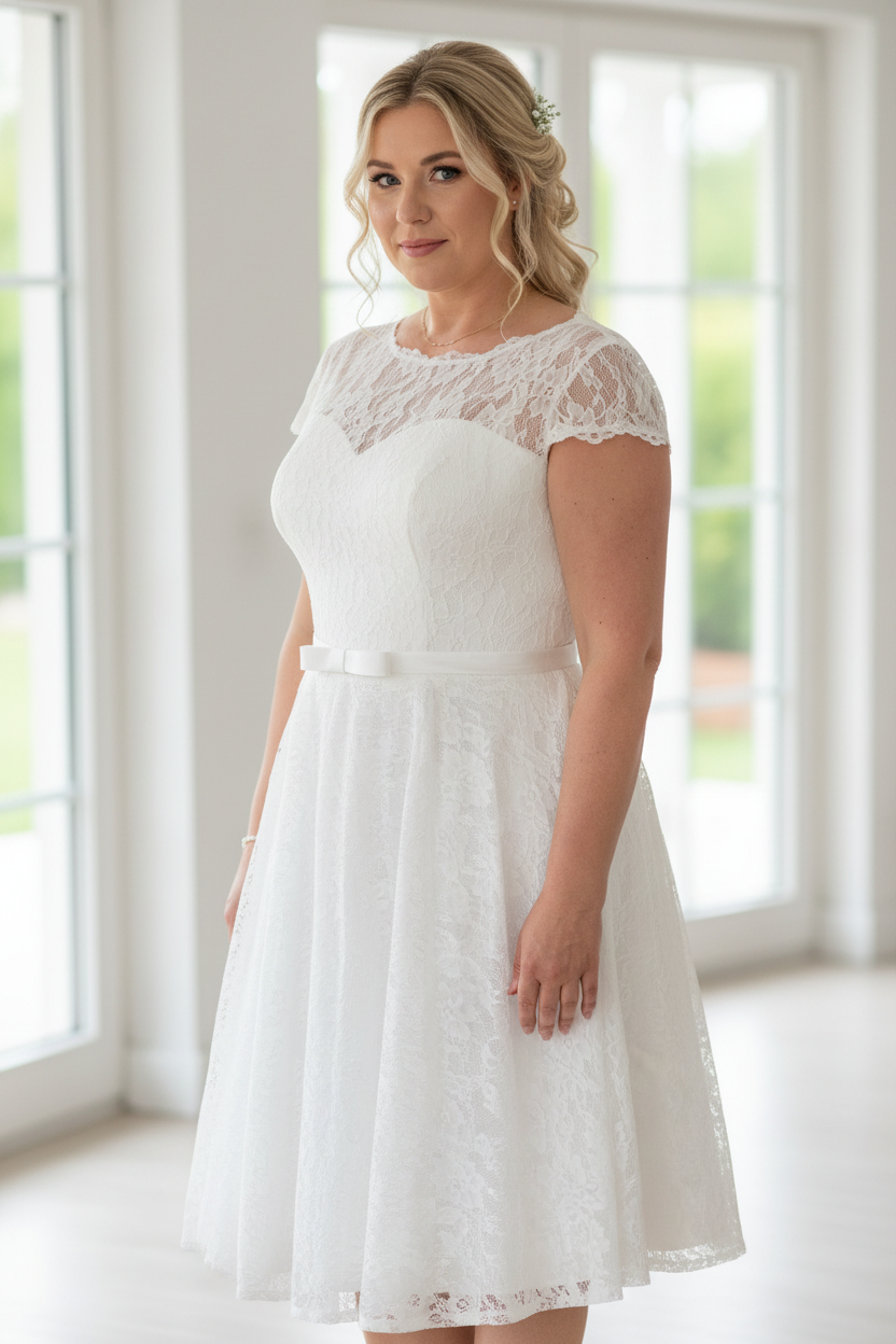 CURVY 3/4 Ivory Brautkleid – Spitze im 50er-Jahre-Stil für Standesamt & Strandhochzeit | Größen 42–54 | ONDEGO®