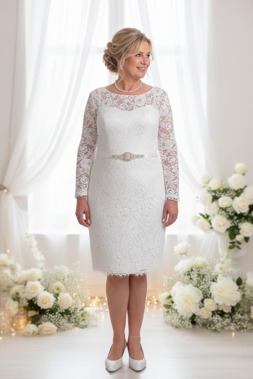 CURVY 3/4 Ivory Brautkleid – Figurbetontes Spitzen-Hochzeitskleid für Standesamt & Strandhochzeit | ONDEGO®