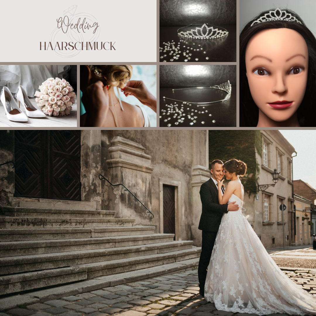hochzeit-haarschmuck-collage-mit-silberner-tiare-mannequin-brautstyling-hochzeitspaar-und-accessoires-fuer-die-braut