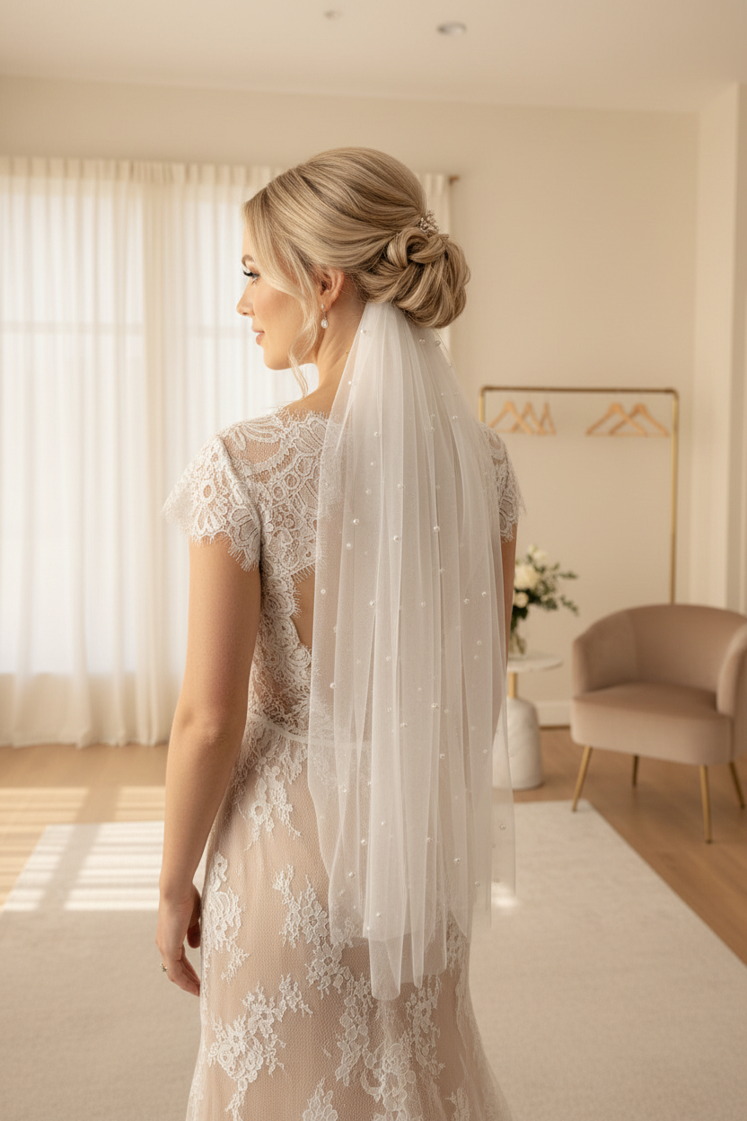 PERLEN Brautschleier 75 cm – 1-lagig | Ivory | mit Kamm | ONDEGO®
