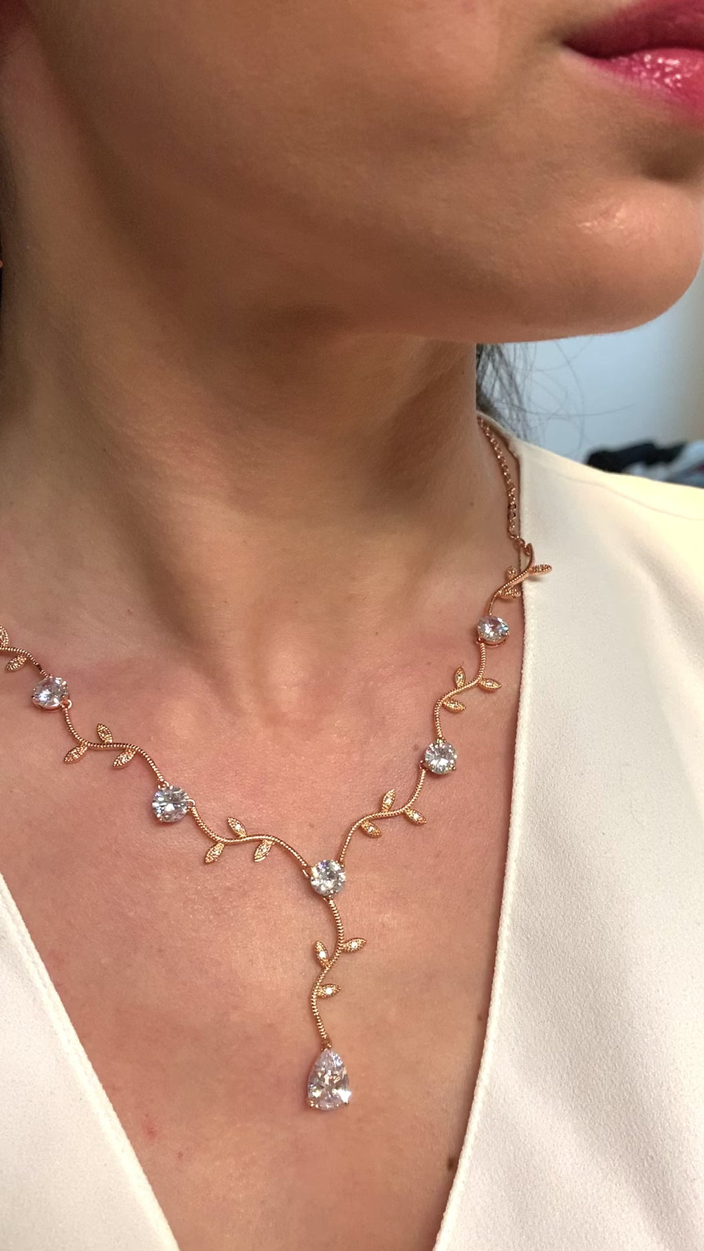 Brautschmuck Set Roségold – Zirkonia Schmuckset mit Kette & Ohrringen im Blätter-Design – Hochzeit, Braut, festliche Anlässe | ONDEGO®