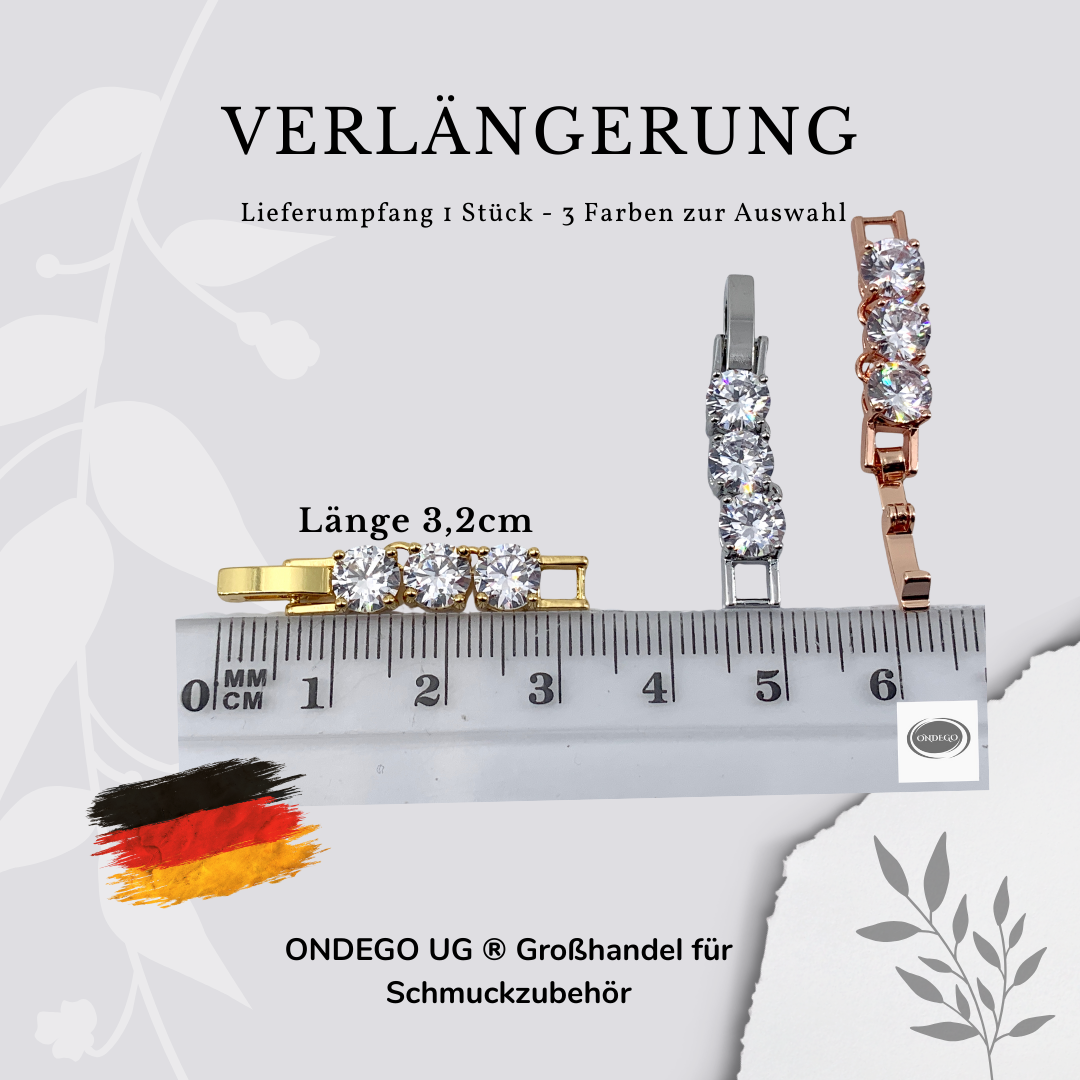 Zirkonia Verlängerung – Klappverschluss Zwischenstück für Kette & Armband, 3,2 cm, Silber/Gold/Roségold | ONDEGO®