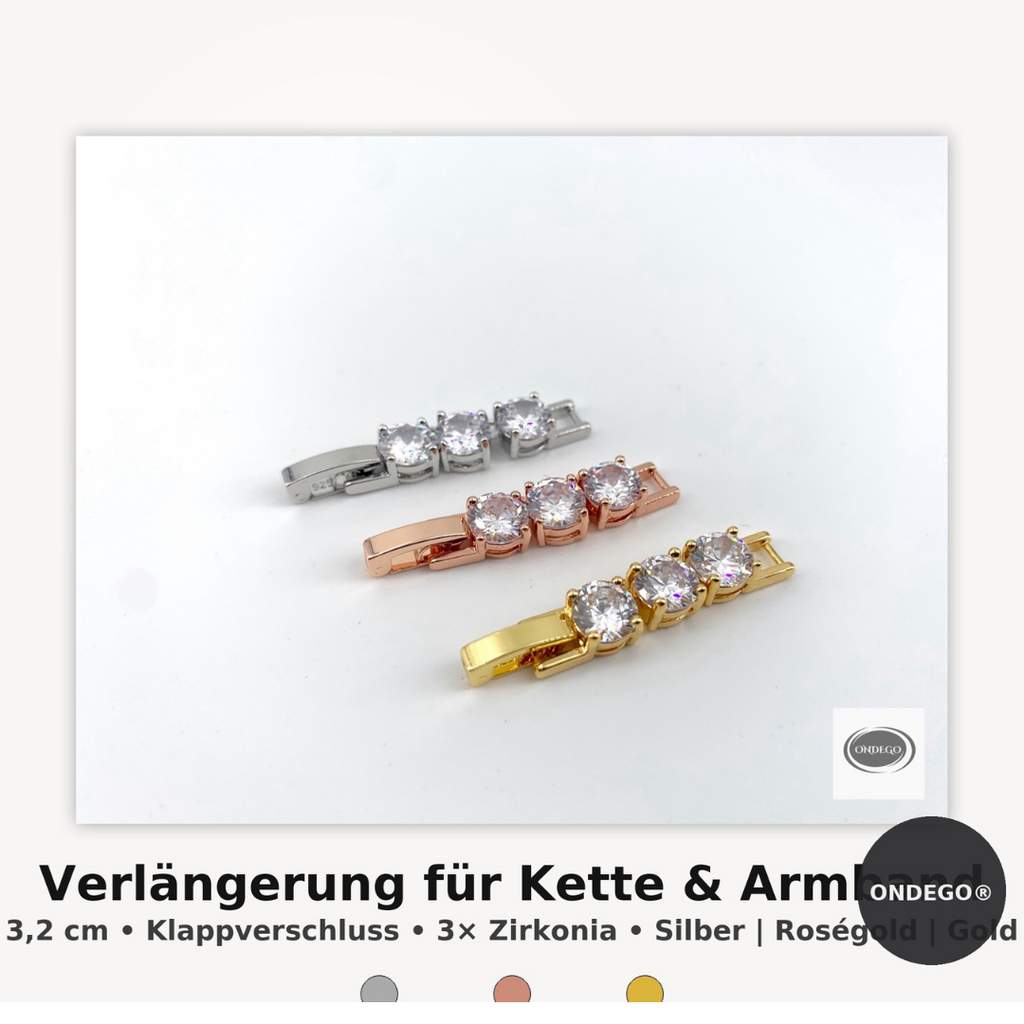 Zirkonia Verlängerung – Klappverschluss Zwischenstück für Kette & Armband, 3,2 cm, Silber/Gold/Roségold | ONDEGO®