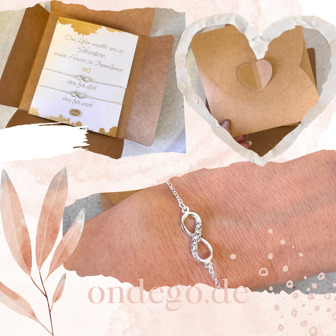 Infinity Armband Set „Schwestern“ – 2 Armbänder Silber/Gold, Strass, Karte & Umschlag | ONDEGO®