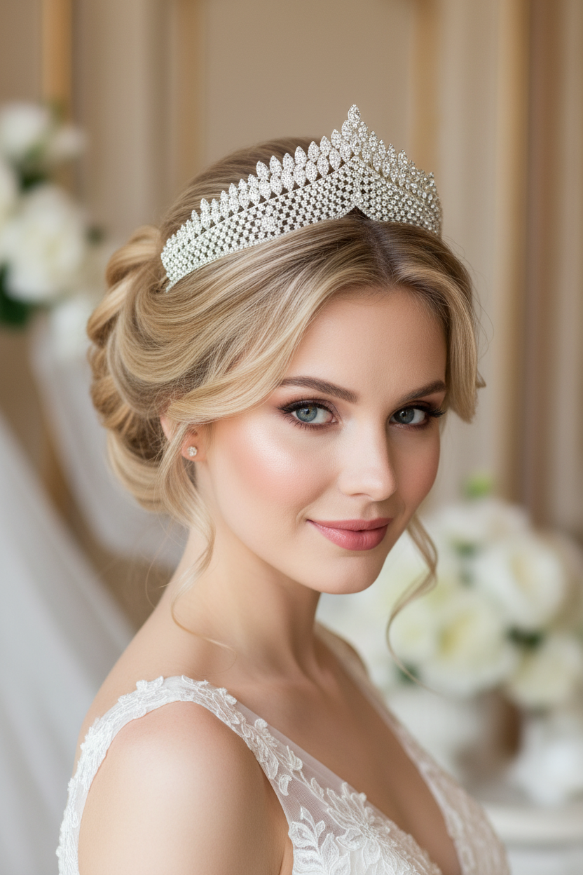 XXL Silber Diadem – Glamouröse Strass-Tiara für Brautfrisur, Hochzeit & Ball | Große Krone mit königlichem Glanz| ONDEGO®