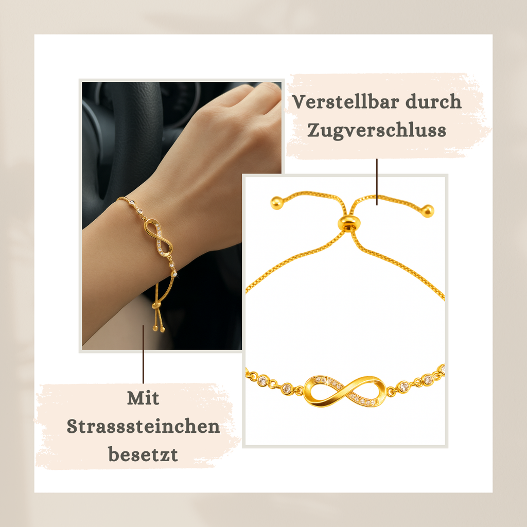 Infinity Armband – verstellbar (Zugverschluss), Strass, Silber/Gold/Roségold, Geschenkbox | ONDEGO®
