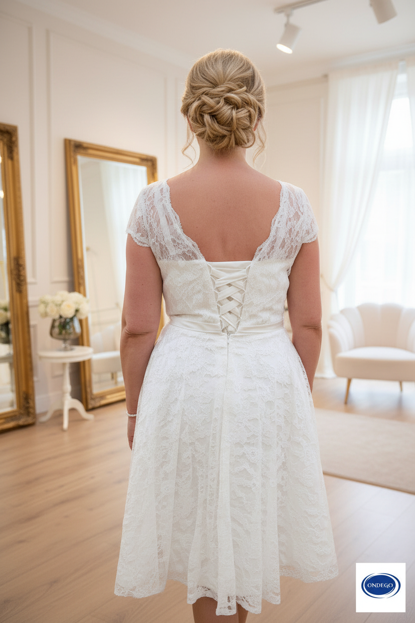 CURVY 3/4 Ivory Brautkleid – Spitze im 50er-Jahre-Stil für Standesamt & Strandhochzeit | Größen 42–54 | ONDEGO®