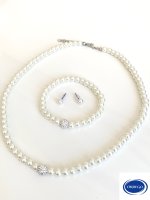 DEZENT 6mm Brautschmuck Collier Schmuckset Hochzeit Perlen Kette Armband Set Ivory Strass